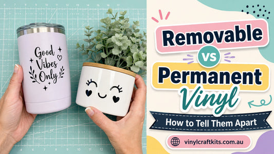 Removable vs permanent vinyl guide banner: hands holding a lilac tumbler decorated with Good Vibes Only in black vinyl beside a white canister with a smiling face decal, on a mint cutting mat